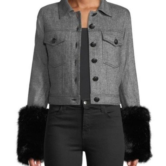 Veronica  Beard Burke Herringbone Cropped Jacket 100% Wool 100% Faux Fur - Picture 2 of 16
